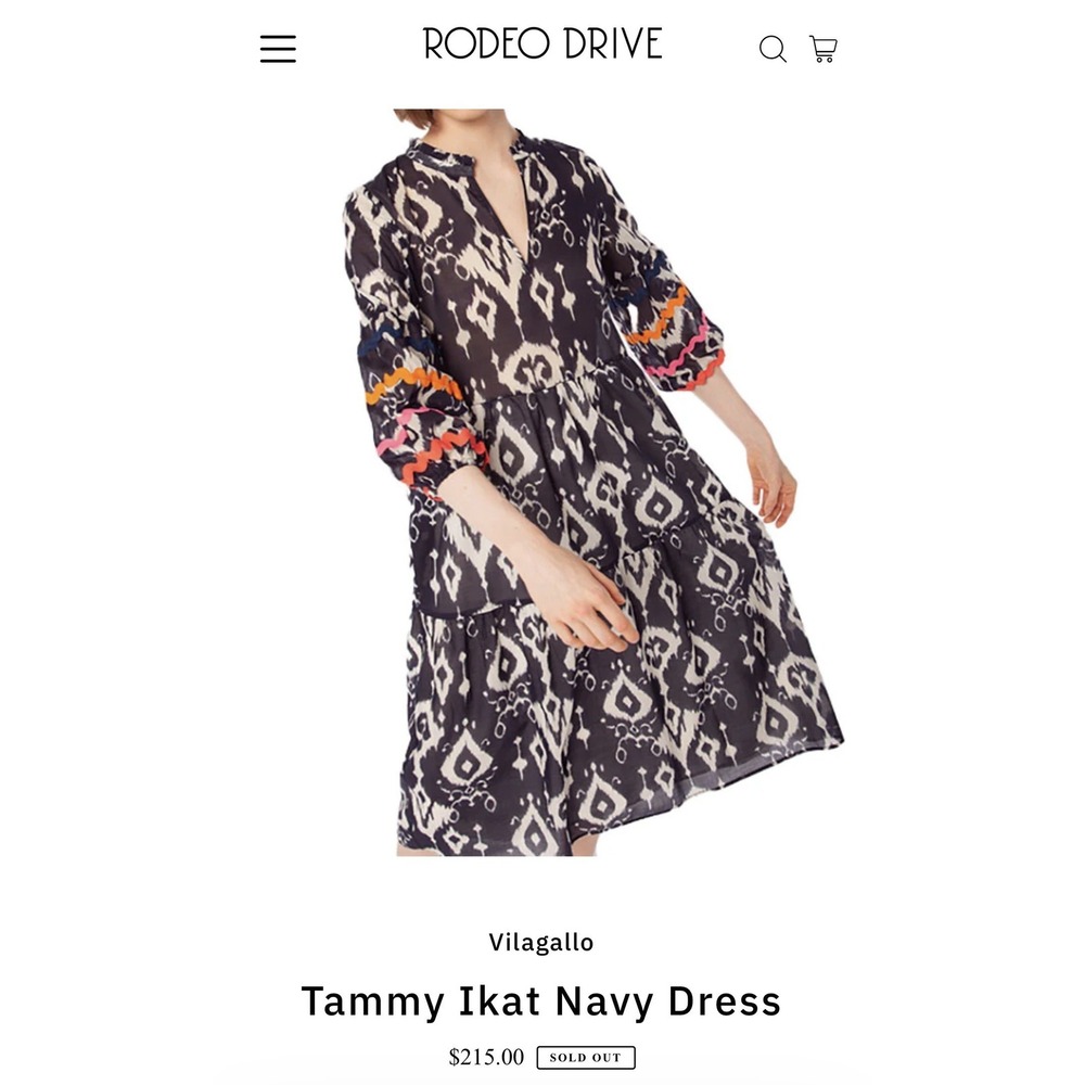Vilagallo Navy Tammy Ikat Print Tiered Midi Dress Rickrack Trim Split Neck L - Picture 2 of 10
